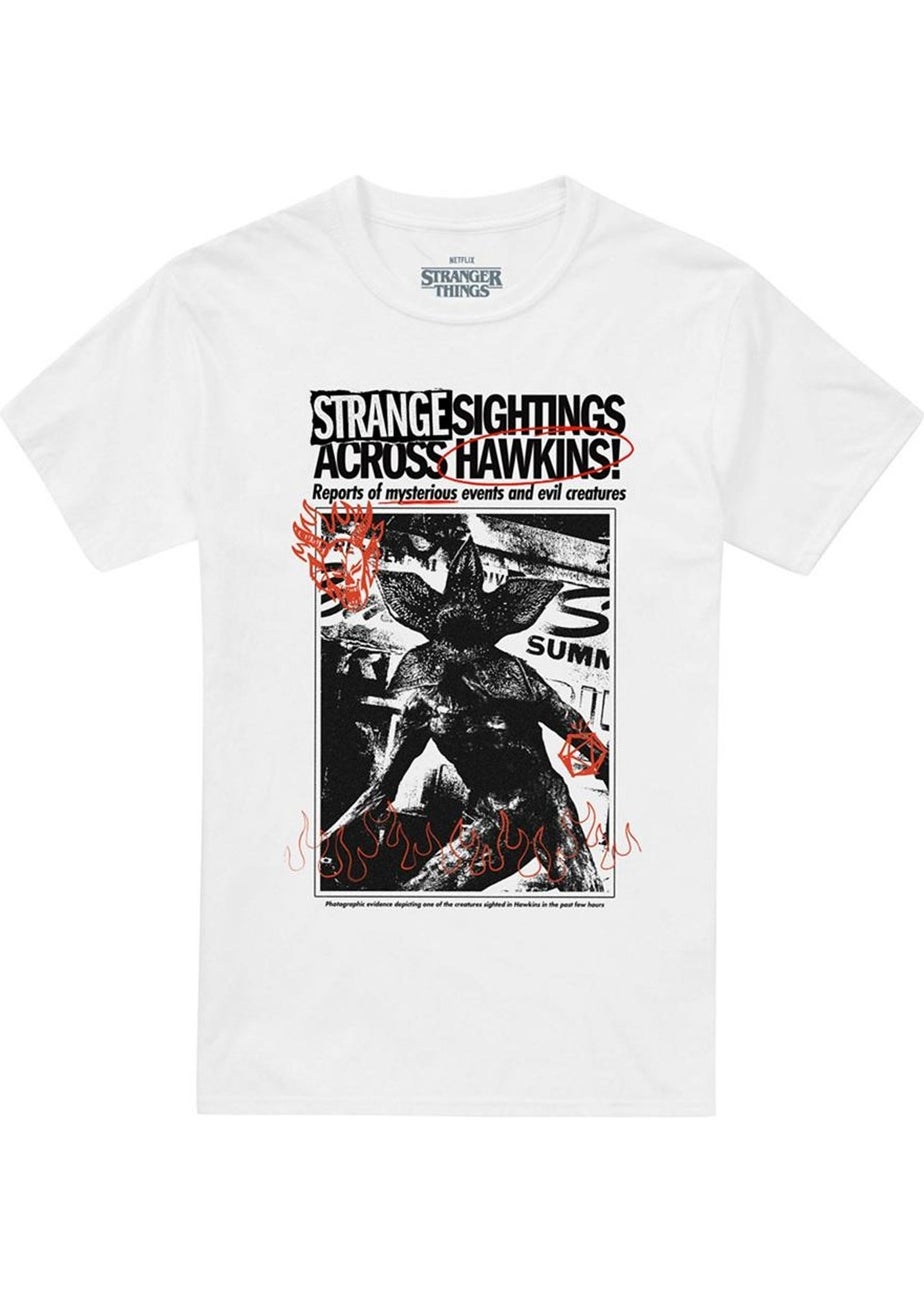 Stranger Things White 5 Sighting Demogorgon Newspaper T-Shirt