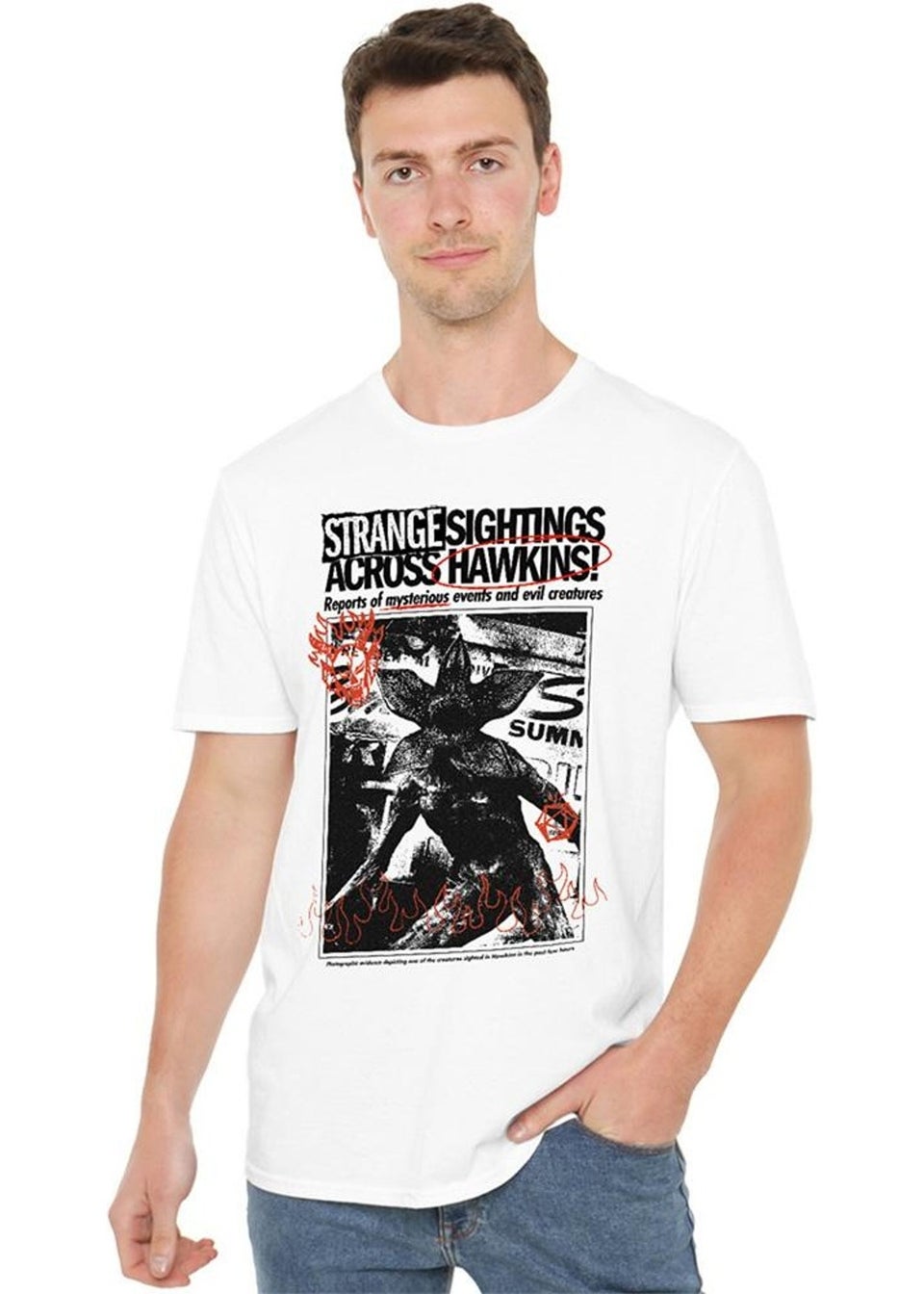 Stranger Things White 5 Sighting Demogorgon Newspaper T-Shirt