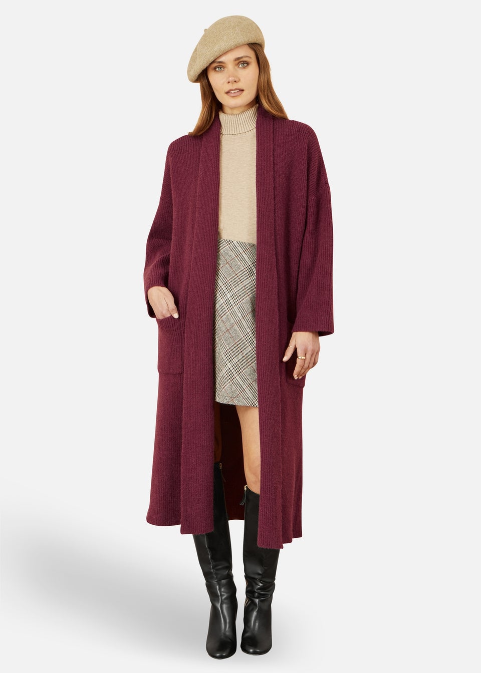Yumi Burgundy Knitted Maxi Cardigan With Pockets