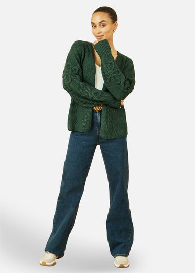 Yumi Green Edge to Edge Cardigan With Flower Detail Sleeves