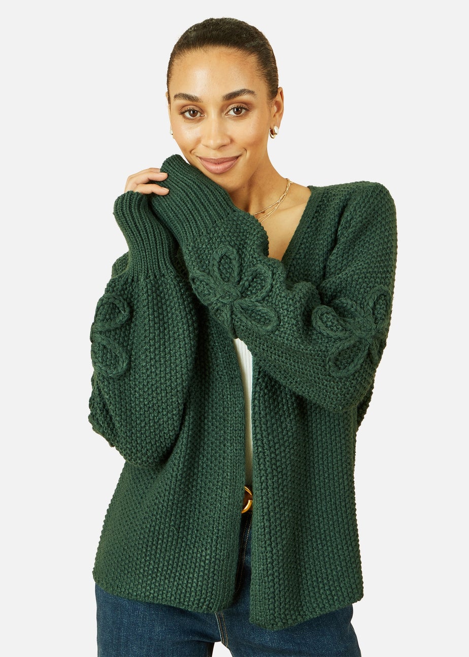 Yumi Green Edge to Edge Cardigan With Flower Detail Sleeves