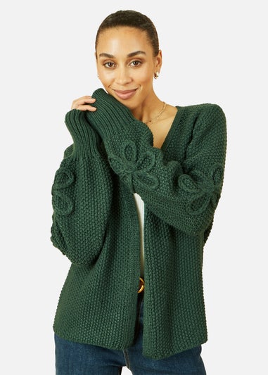 Yumi Green Edge to Edge Cardigan With Flower Detail Sleeves
