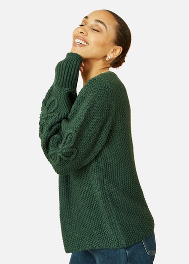 Yumi Green Edge to Edge Cardigan With Flower Detail Sleeves