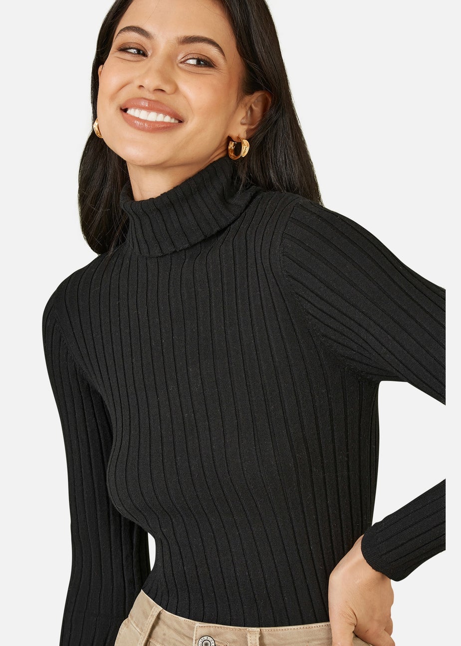 Yumi Black Ribbed Knit Roll Neck Jumper