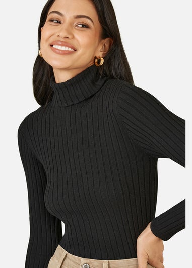 Yumi Black Ribbed Knit Roll Neck Jumper