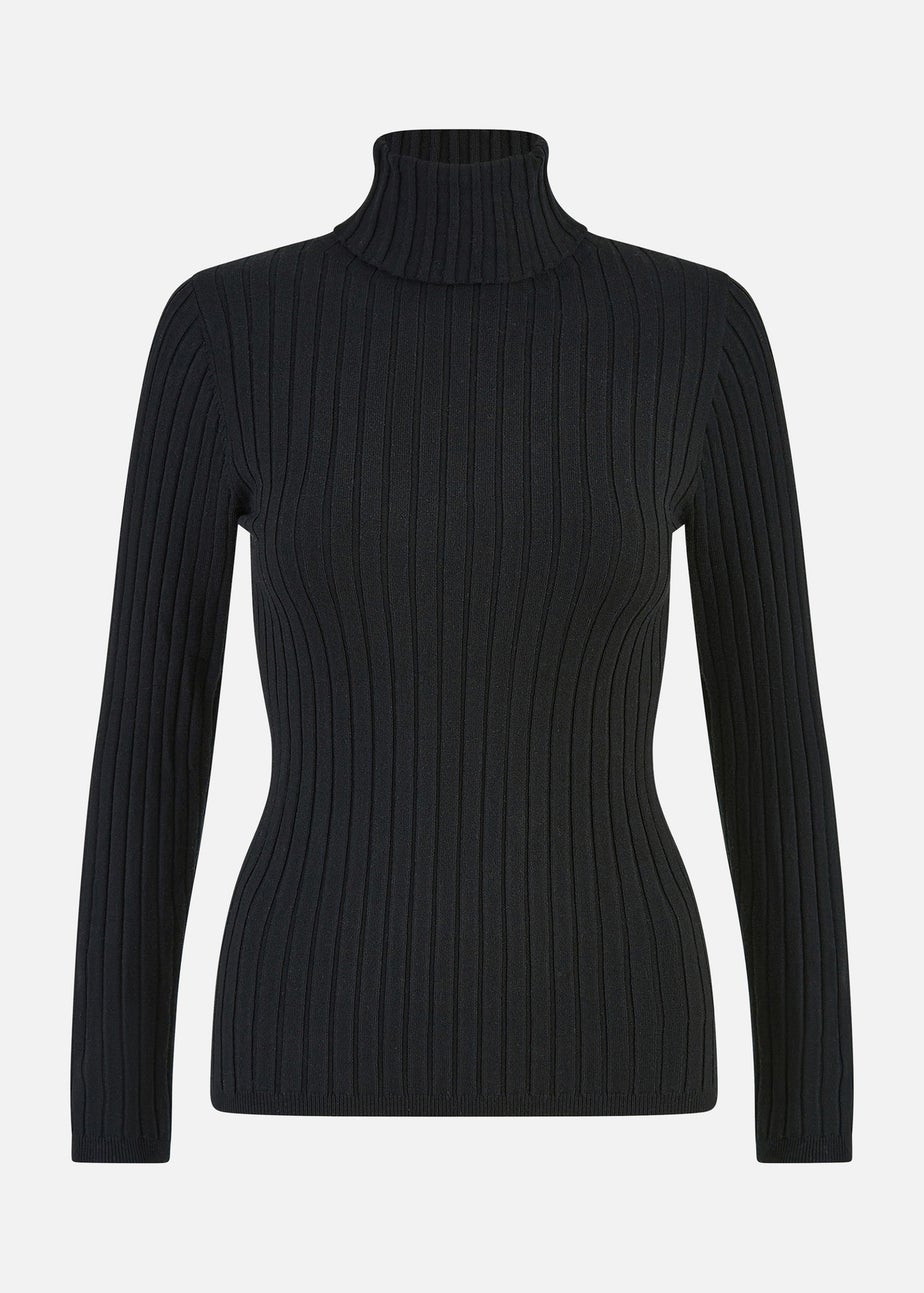 Yumi Black Ribbed Knit Roll Neck Jumper