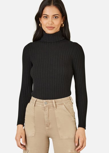 Yumi Black Ribbed Knit Roll Neck Jumper
