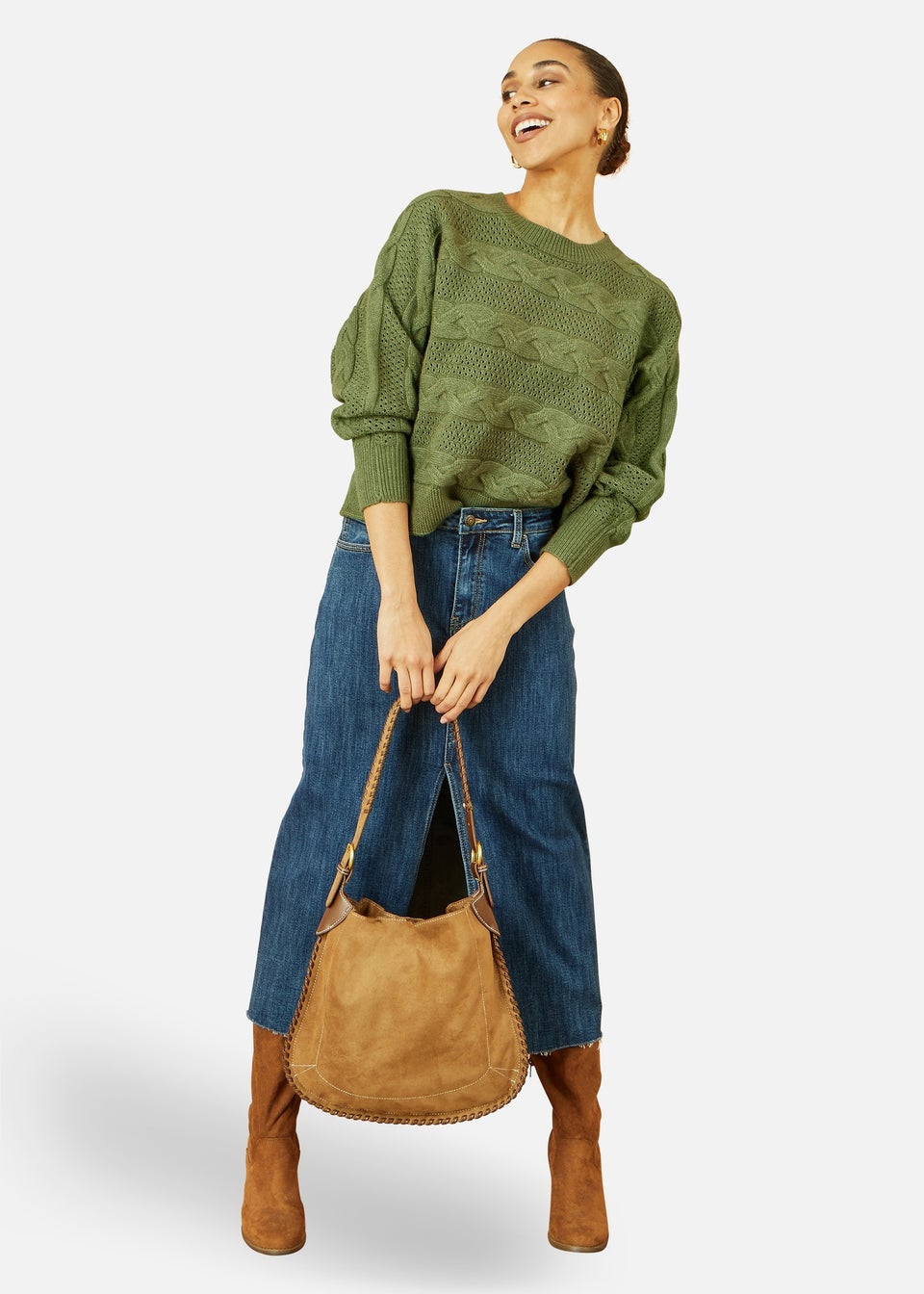 Yumi Green Cable Knit Relaxed Fit Jumper