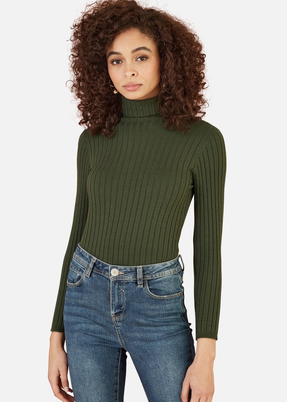 Yumi Green Ribbed Knit Roll Neck Jumper