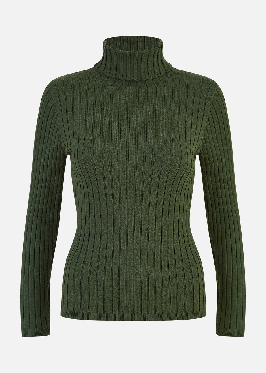Yumi Green Ribbed Knit Roll Neck Jumper