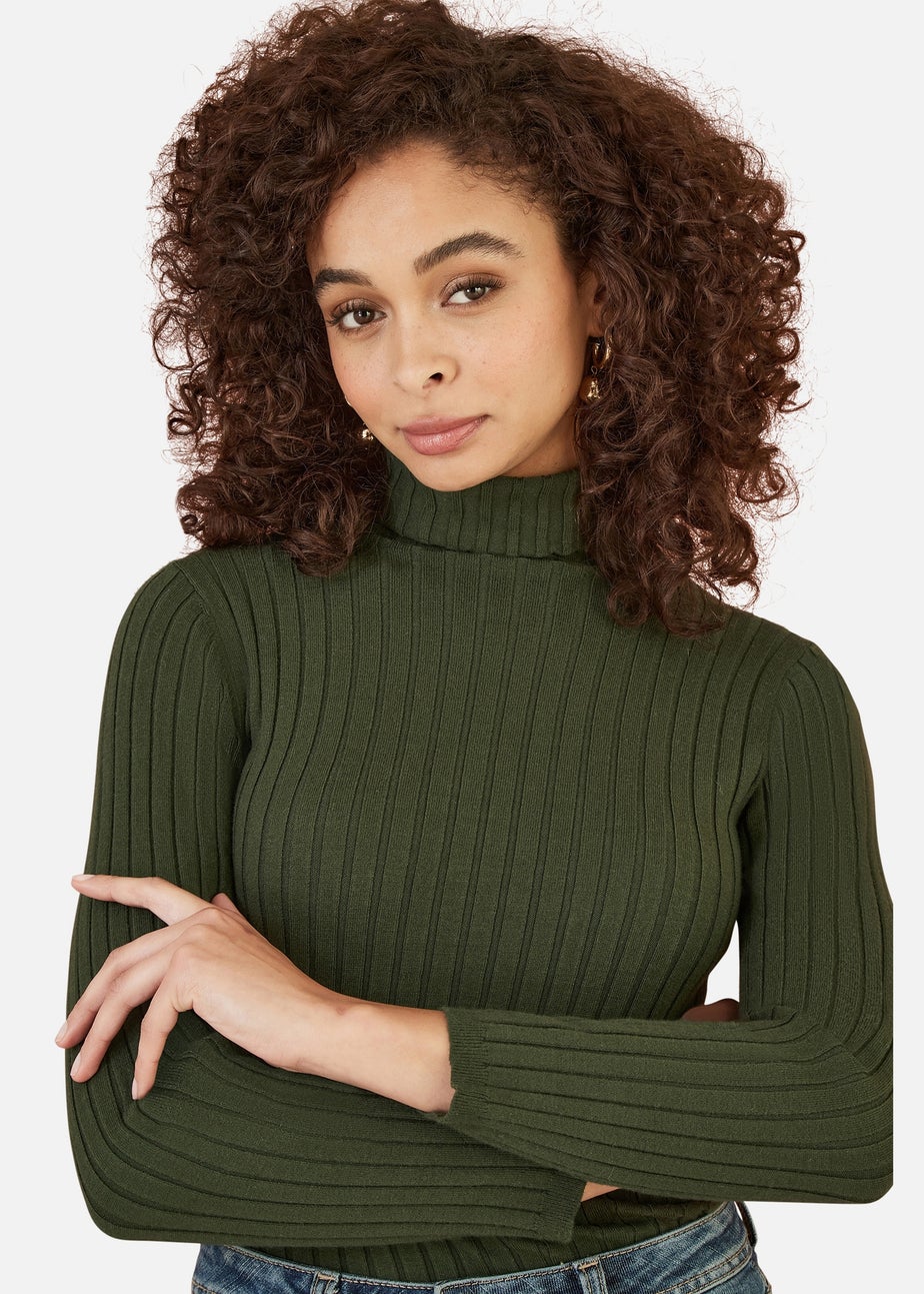 Yumi Green Ribbed Knit Roll Neck Jumper