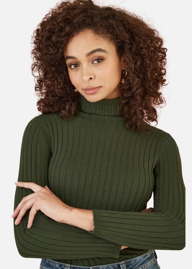 Yumi Green Ribbed Knit Roll Neck Jumper