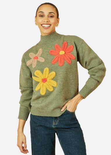 Yumi Green Knitted High Neck Jumper With Applique Flowers