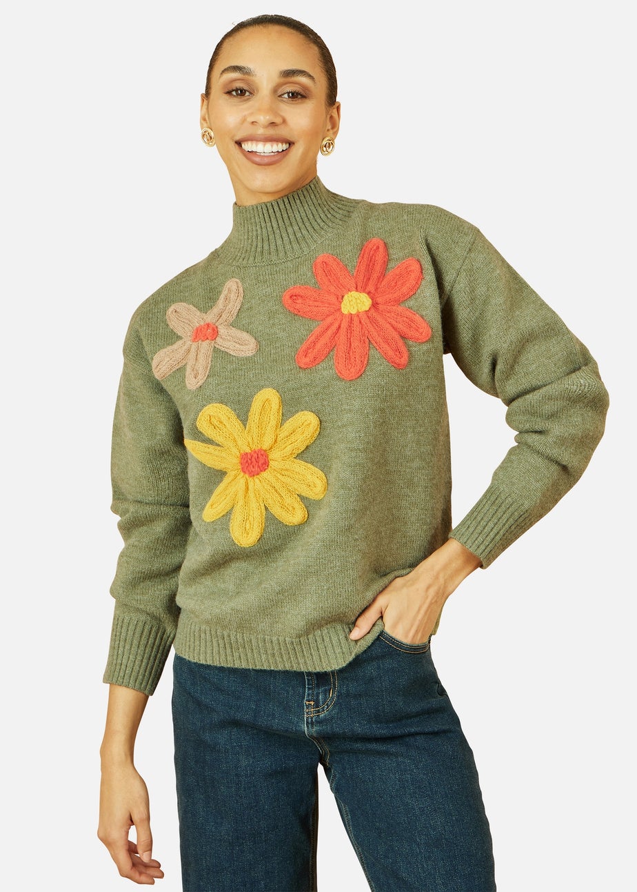 Yumi Green Knitted High Neck Jumper With Applique Flowers