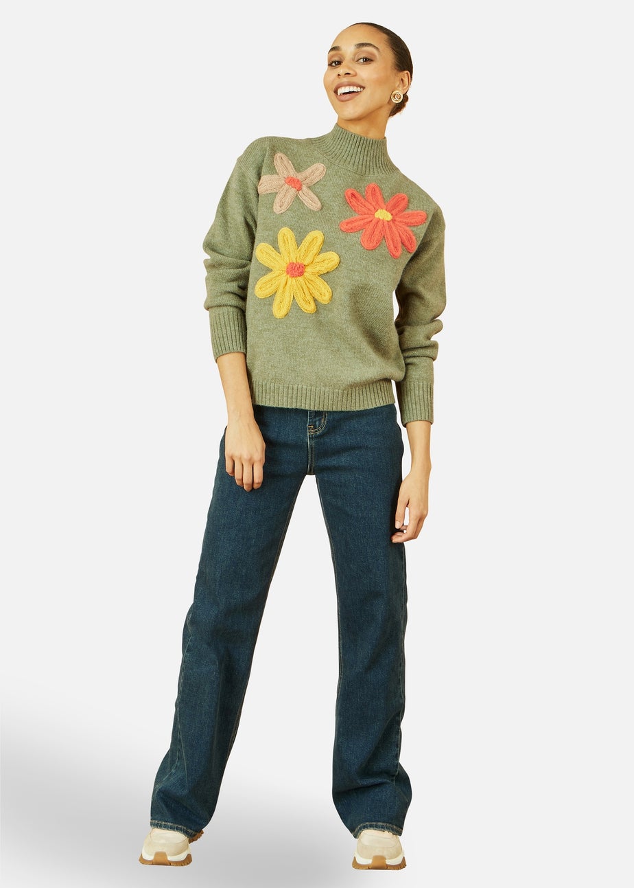 Yumi Green Knitted High Neck Jumper With Applique Flowers