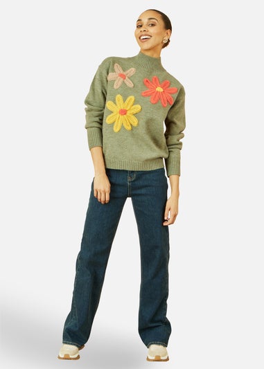 Yumi Green Knitted High Neck Jumper With Applique Flowers