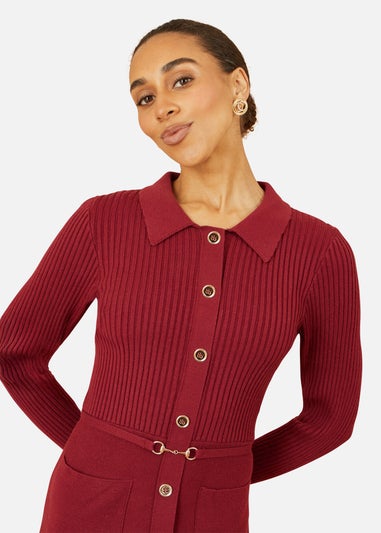 Yumi Burgundy Rib Knit Midi Shirt Dress With Snaffle Belt