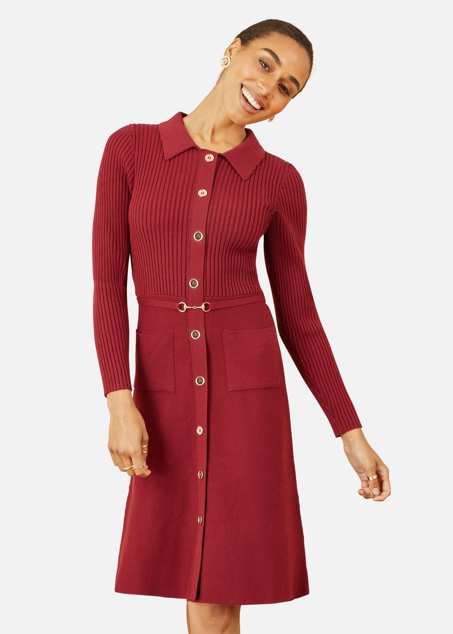 Yumi Burgundy Rib Knit Midi Shirt Dress With Snaffle Belt
