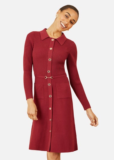 Yumi Burgundy Rib Knit Midi Shirt Dress With Snaffle Belt