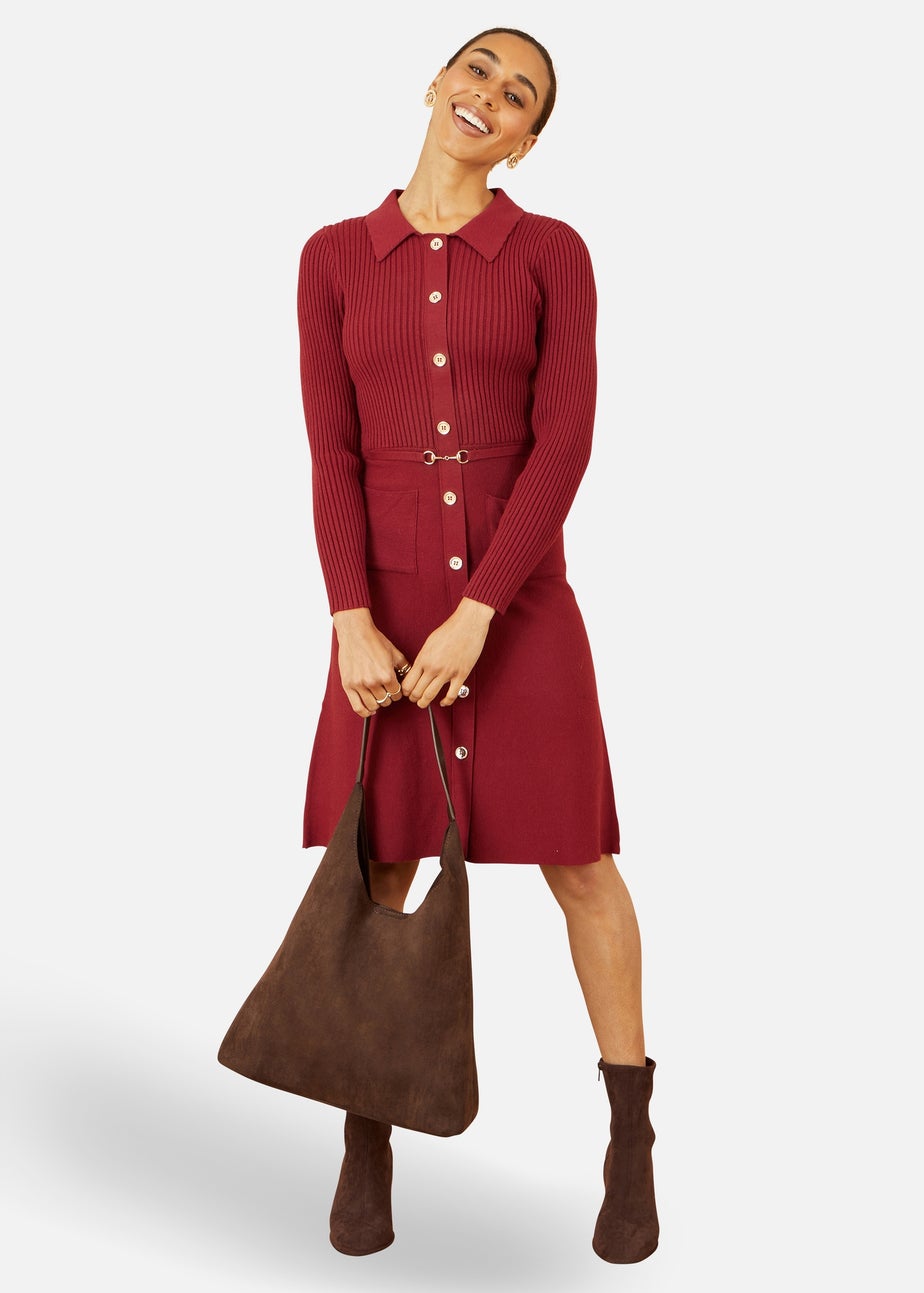 Yumi Burgundy Rib Knit Midi Shirt Dress With Snaffle Belt