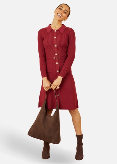 Yumi Burgundy Rib Knit Midi Shirt Dress With Snaffle Belt