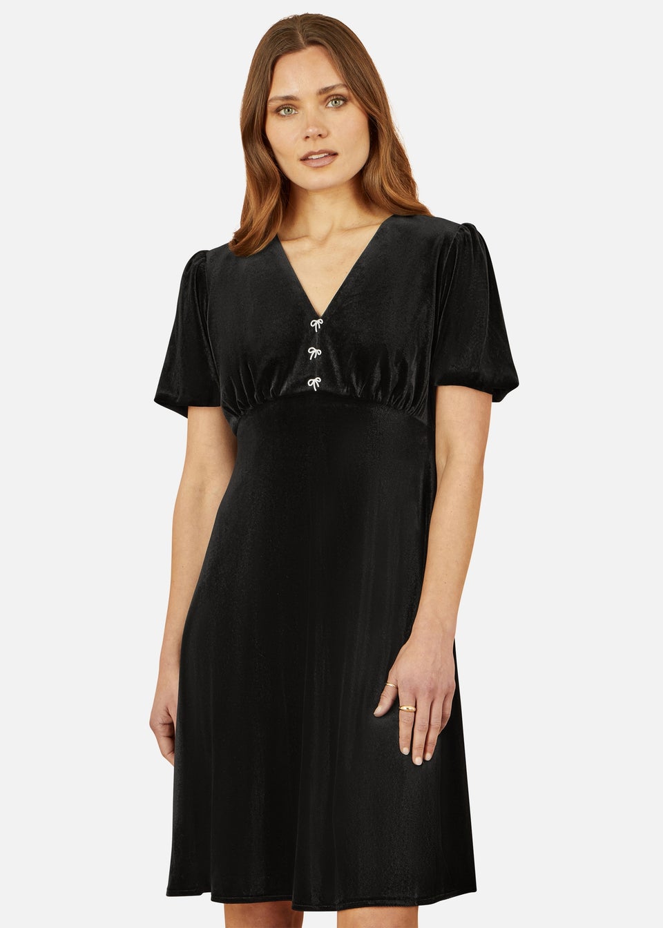 Yumi Black Velvet Skater Dress With Dimante Bow Detail