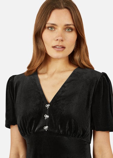 Yumi Black Velvet Skater Dress With Dimante Bow Detail