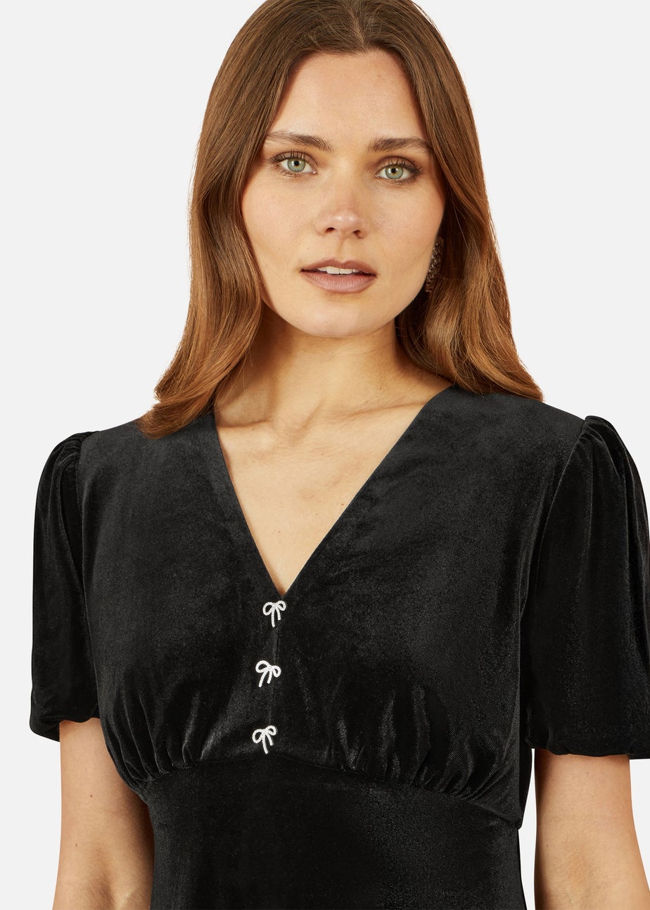 Yumi Black Velvet Skater Dress With Dimante Bow Detail