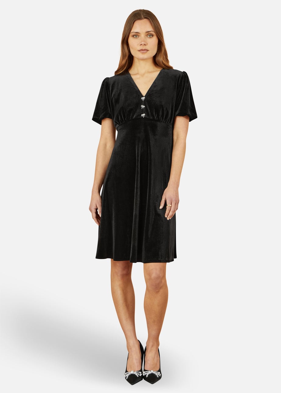Yumi Black Velvet Skater Dress With Dimante Bow Detail