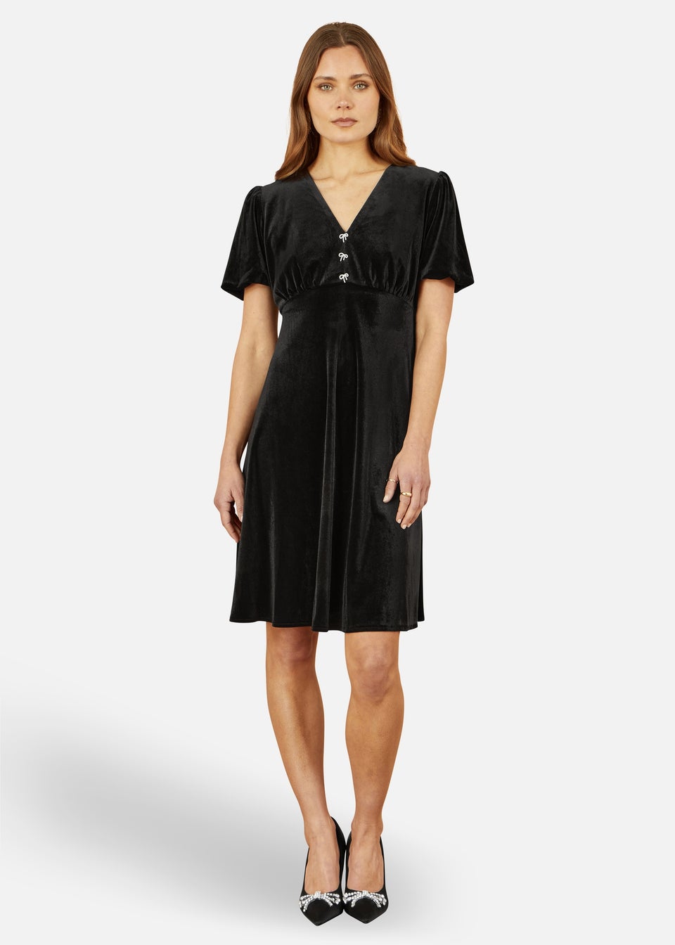 Yumi Black Velvet Skater Dress With Dimante Bow Detail