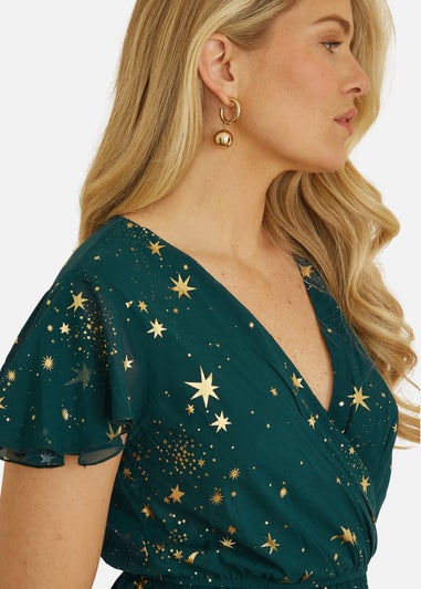 Yumi Green Foil Star Print Wrap Skater Dress