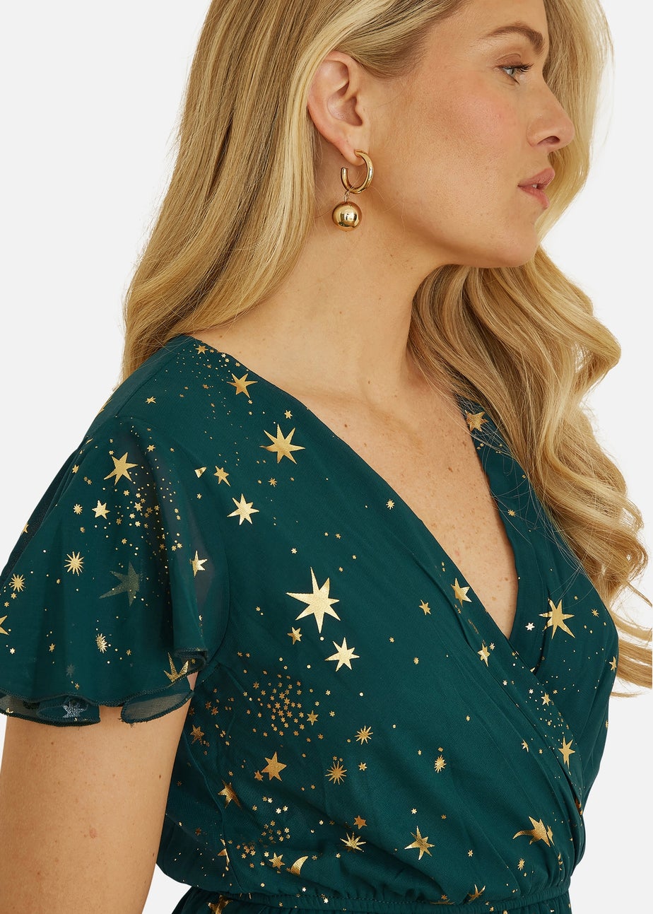 Yumi Green Foil Star Print Wrap Skater Dress