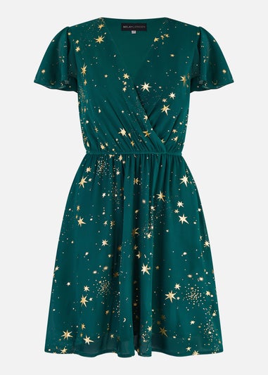 Yumi Green Foil Star Print Wrap Skater Dress