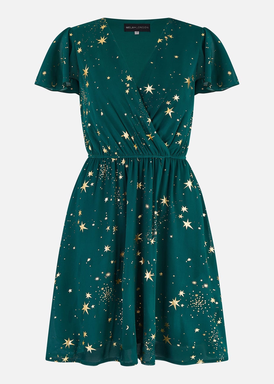Yumi Green Foil Star Print Wrap Skater Dress