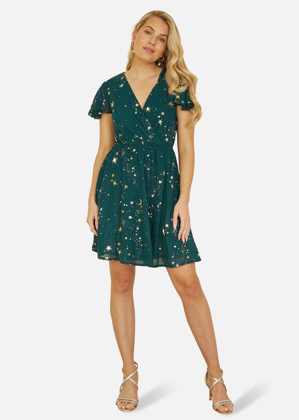 Yumi Green Foil Star Print Wrap Skater Dress