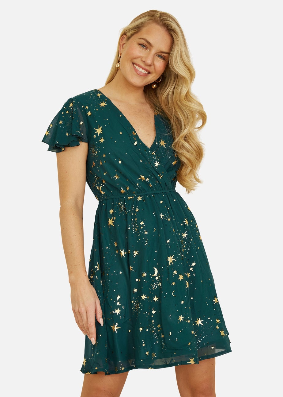 Yumi Green Foil Star Print Wrap Skater Dress