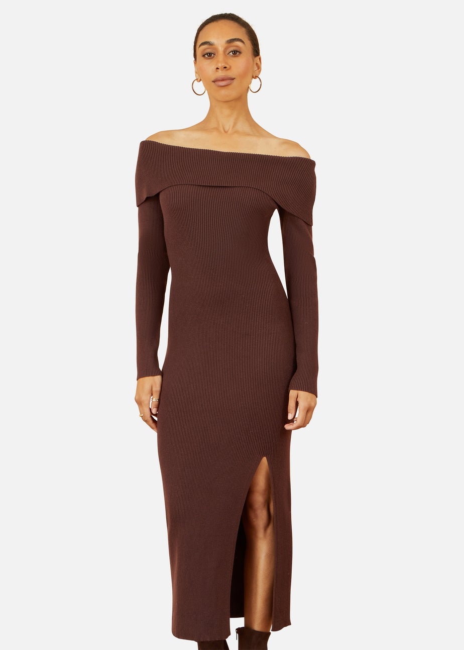 Yumi Brown Bardot Knitted Fitted Midi Dress