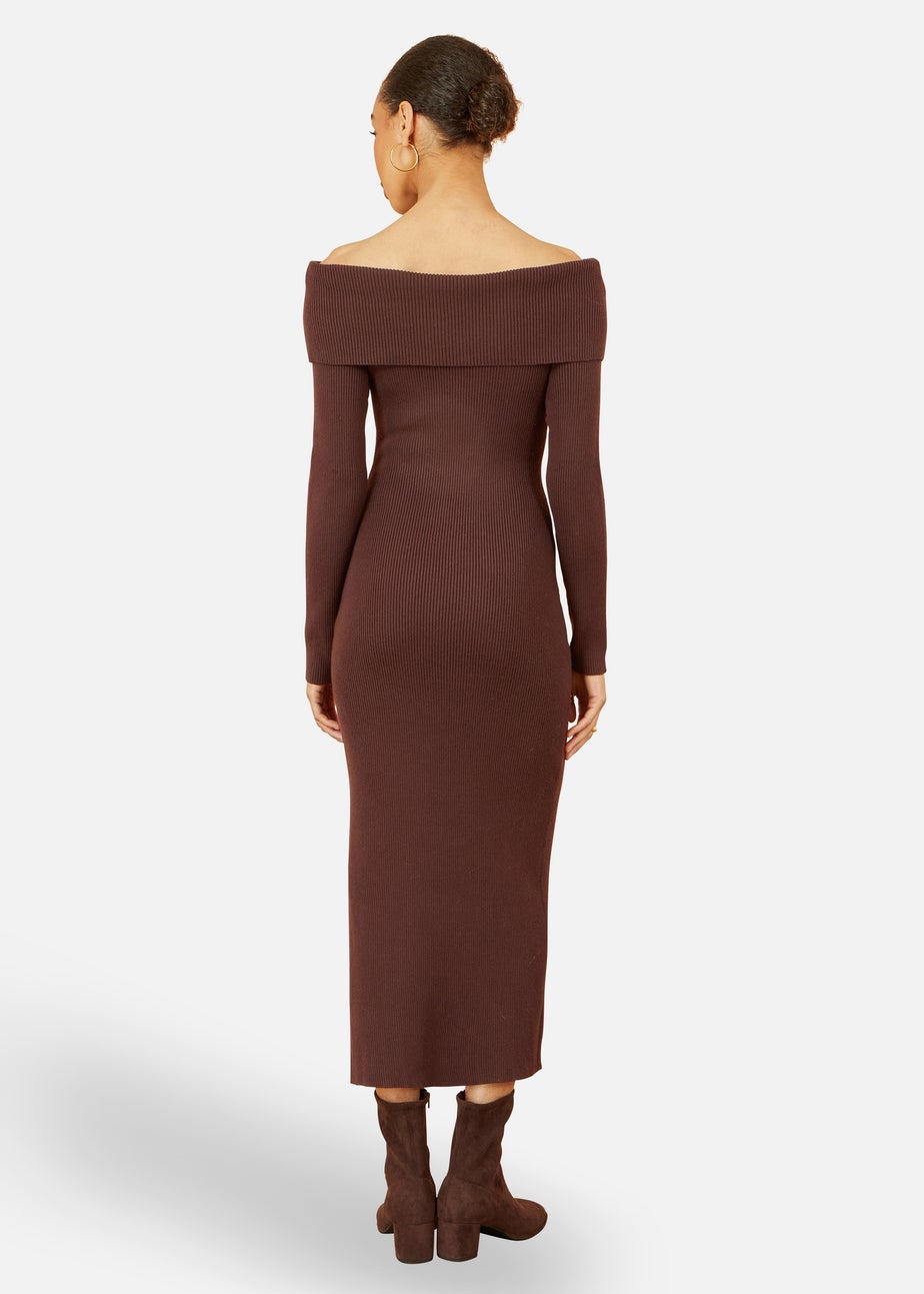 Yumi Brown Bardot Knitted Fitted Midi Dress
