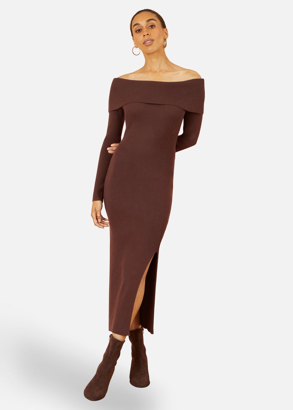 Yumi Brown Bardot Knitted Fitted Midi Dress