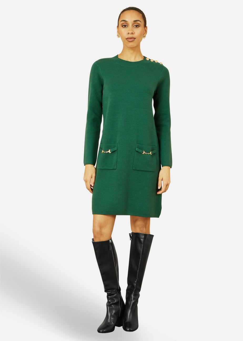Yumi Green Knitted Tunic Dress With Gold Hardware Details