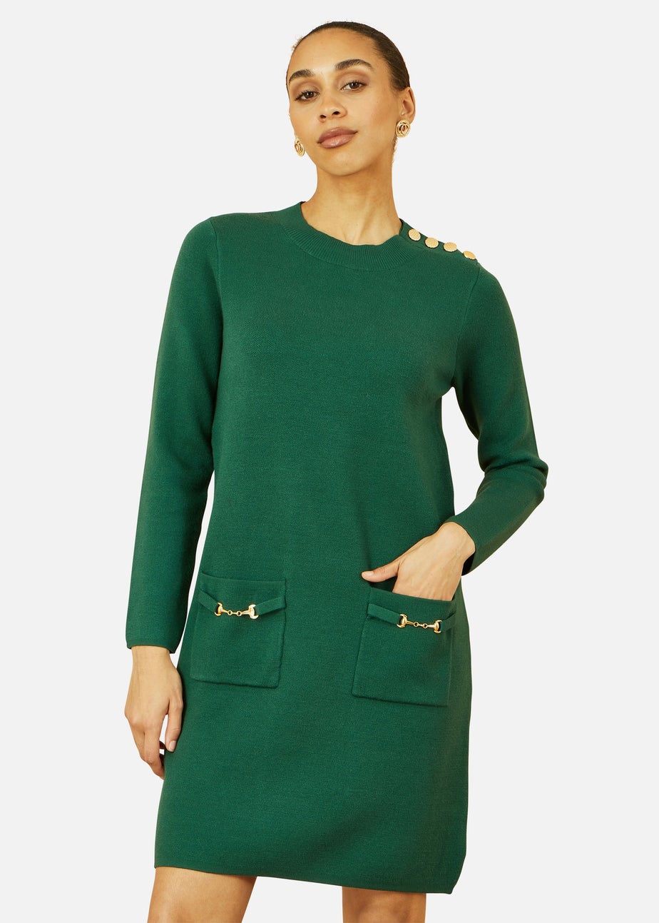 Yumi Green Knitted Tunic Dress With Gold Hardware Details
