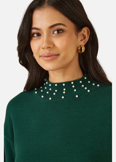 Yumi Green Pearl Detail Knitted Relaxed Jumper Dress