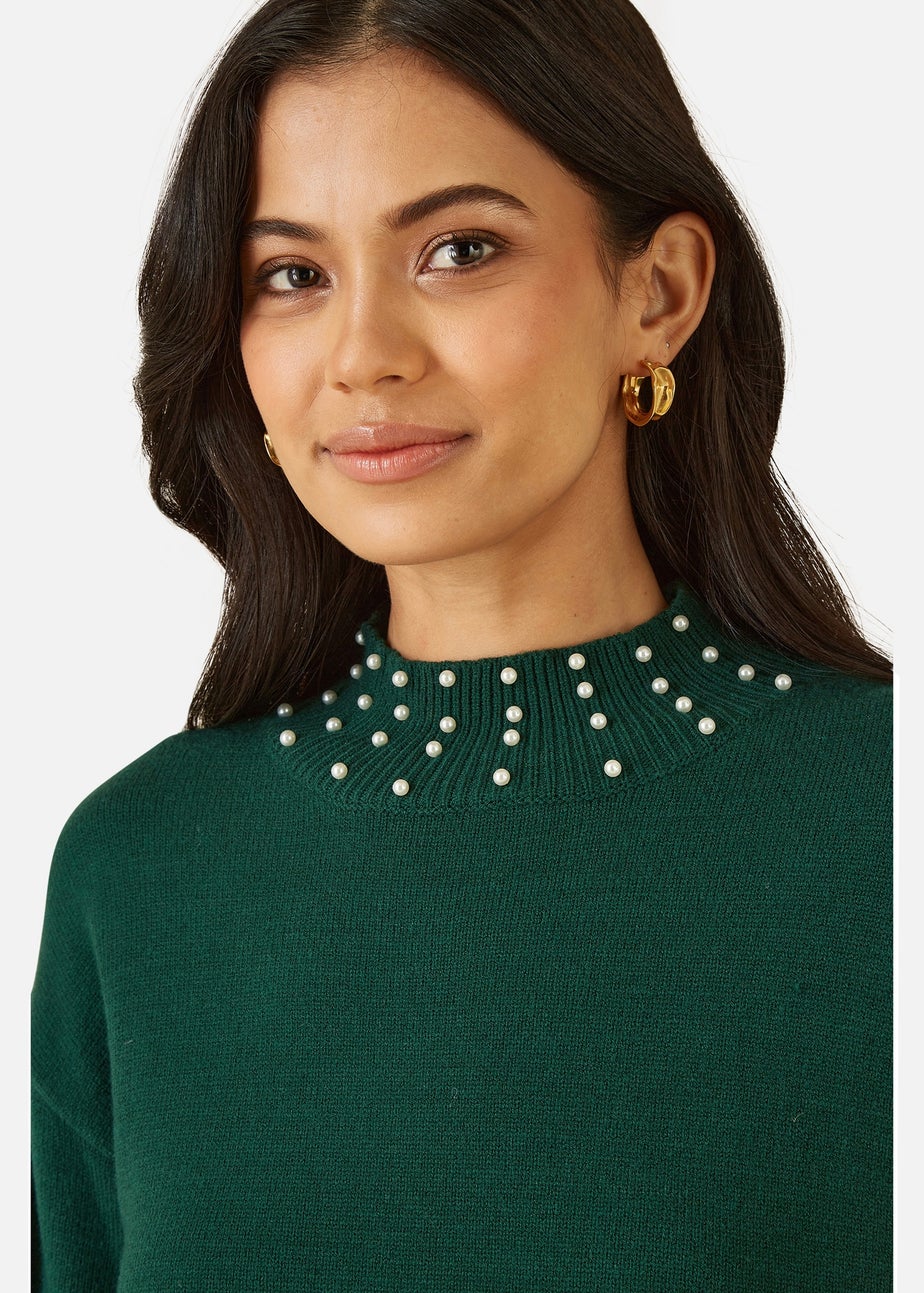Yumi Green Pearl Detail Knitted Relaxed Jumper Dress