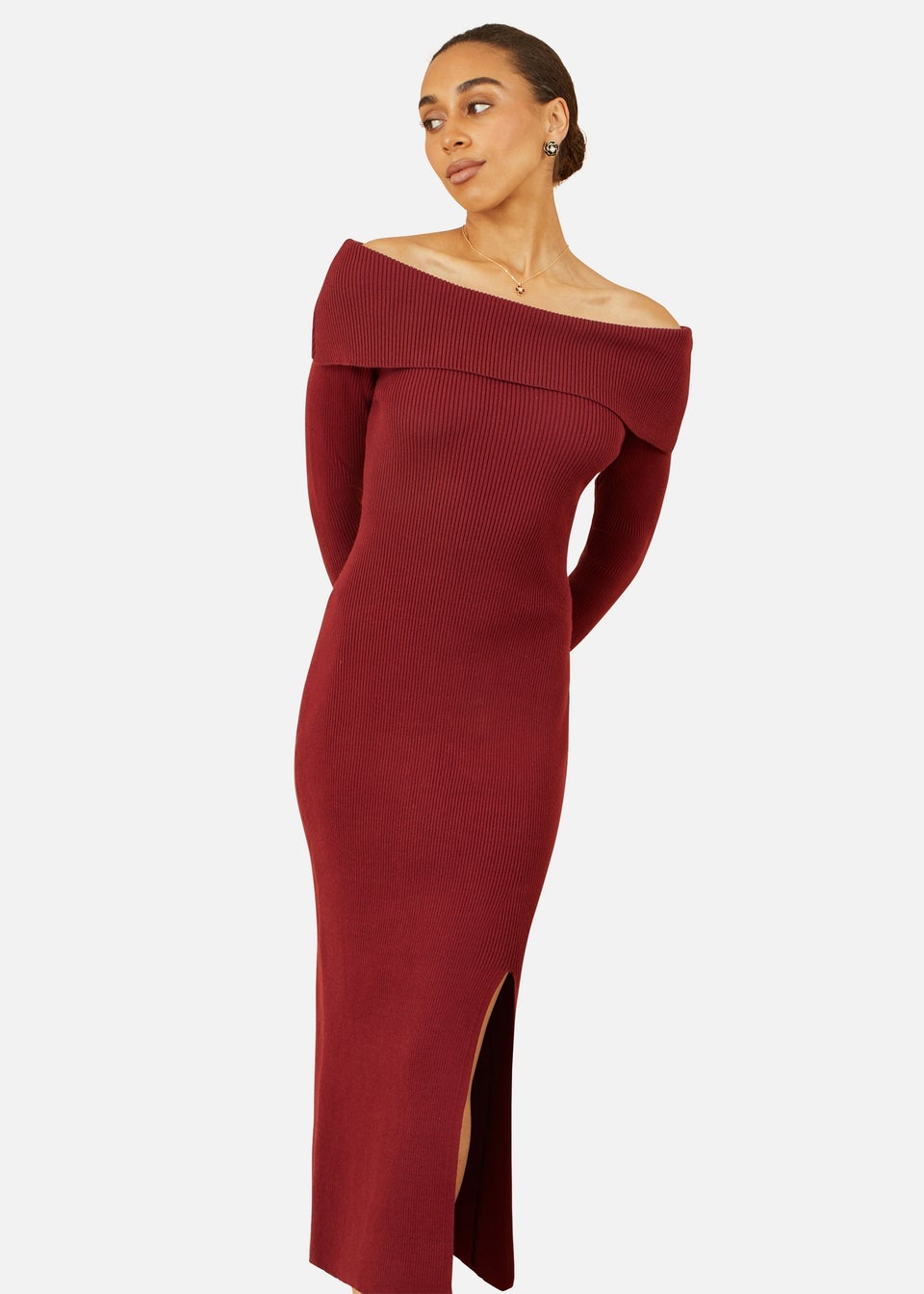 Yumi Burgundy Bardot Knitted Fitted Midi Dress