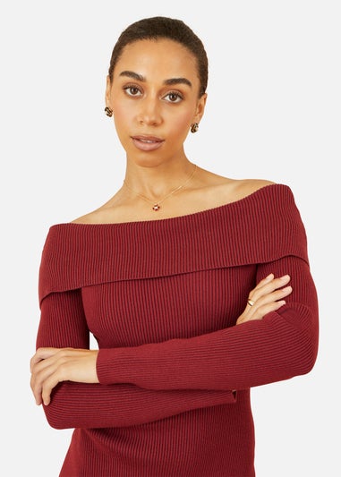 Yumi Burgundy Bardot Knitted Fitted Midi Dress