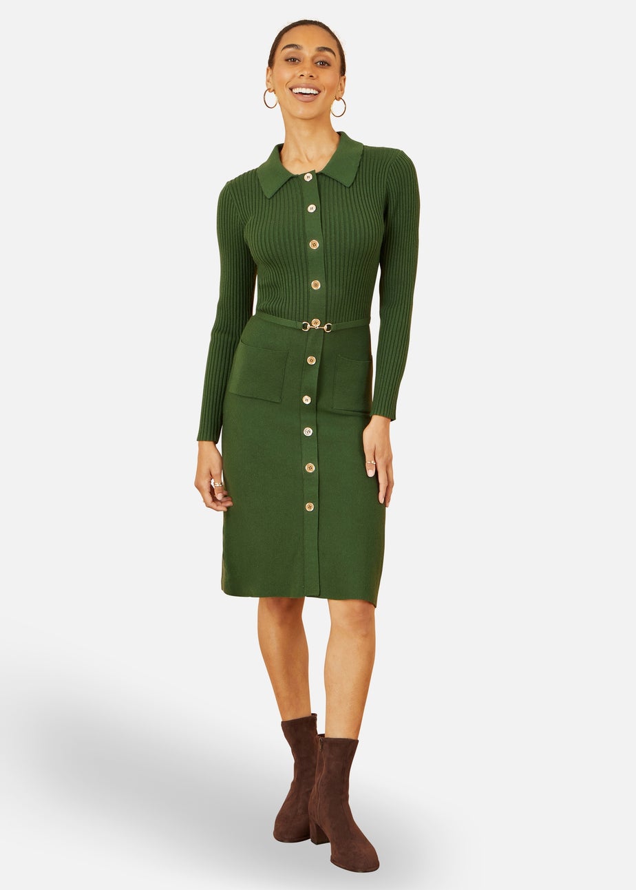 Yumi Green Rib Knit Midi Shirt Dress With Snaffle Belt