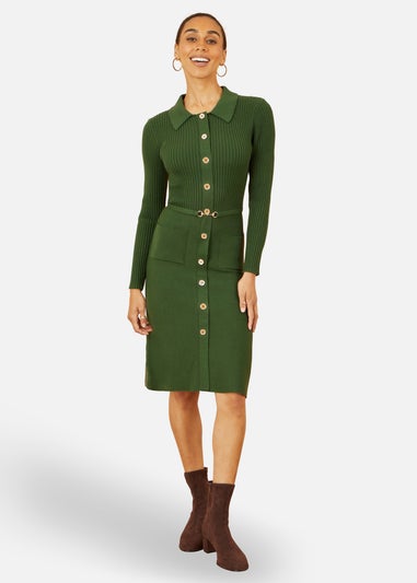 Yumi Green Rib Knit Midi Shirt Dress With Snaffle Belt