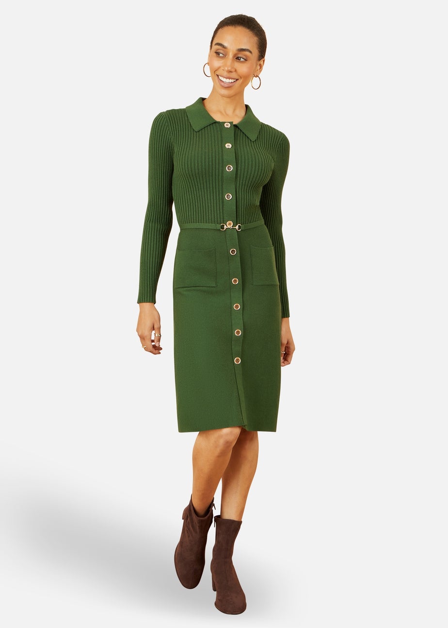 Yumi Green Rib Knit Midi Shirt Dress With Snaffle Belt
