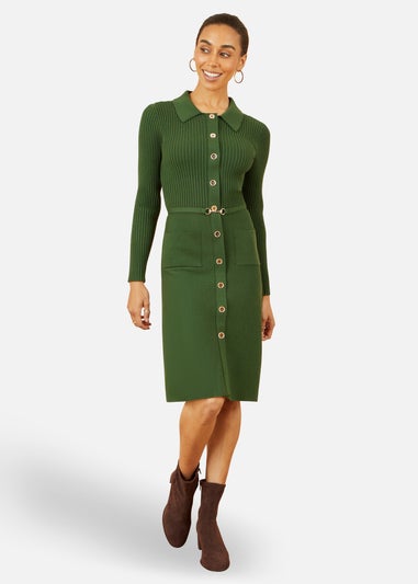 Yumi Green Rib Knit Midi Shirt Dress With Snaffle Belt