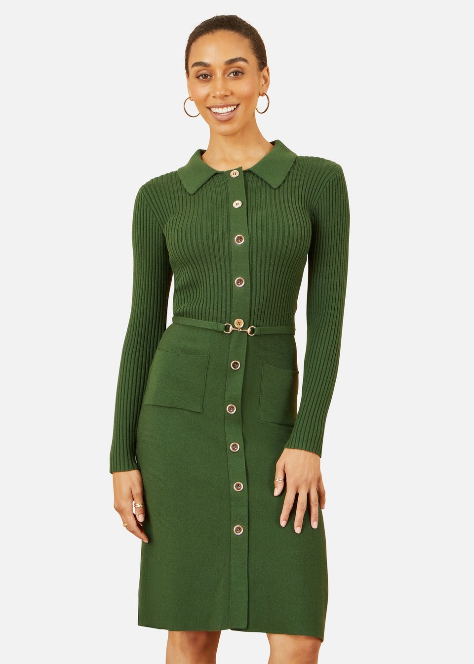 Yumi Green Rib Knit Midi Shirt Dress With Snaffle Belt